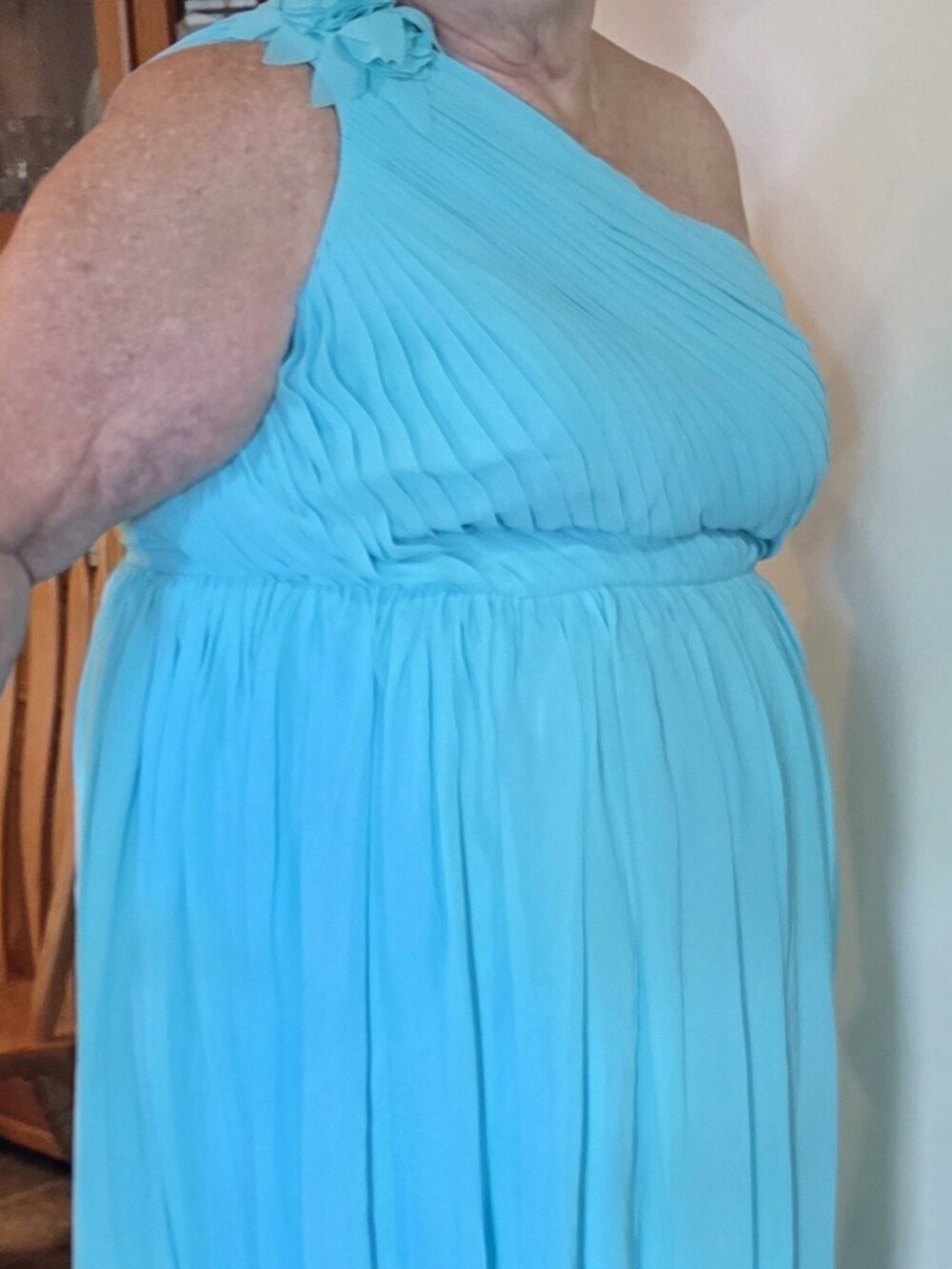 One-Shoulder Pleated Maxi Dress in Aqua Blue